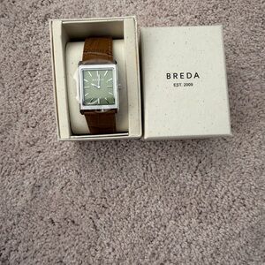 Breda Square Watch with Green Dial and Brown Leather Band